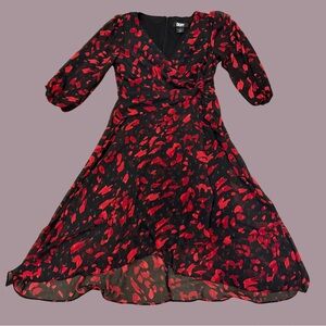 DKNY Black and Red Patterned Midi Dress | Size 10